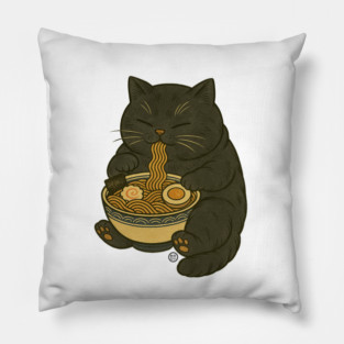 Noodle Cat - Ramen Cat Japanese Kawaii Ramen Neko - Black Cat Pillow