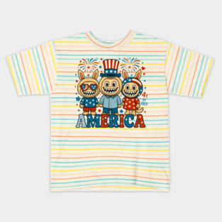 Labubu Monsters 4th of July T-shirt | Labubu Patriotic PopMart Monster Tee | Labubu Red White and Blue Kawaii Independence Day Kids T-Shirt