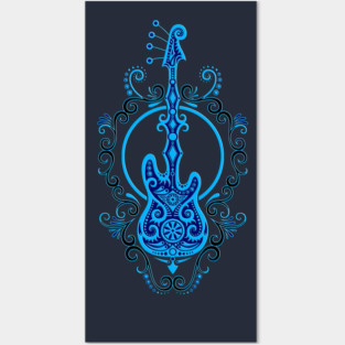 Intricate Blue Bass Guitar Design Posters and Art