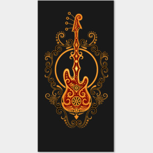 Intricate Red and Yellow Bass Guitar Design Posters and Art