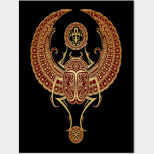 Golden Red Winged Egyptian Scarab Beetle with Ankh Posters and Art