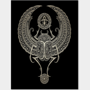 Dark Winged Egyptian Scarab Beetle with Ankh Posters and Art
