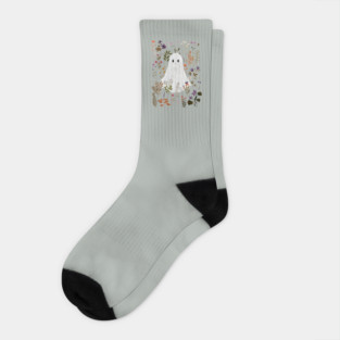 Ghost in the Garden – Cute Ghost in a Boho Autumn Floral Scene Socks