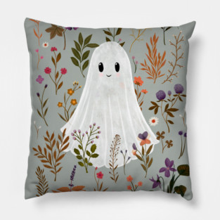 Ghost in the Garden – Cute Ghost in a Boho Autumn Floral Scene Pillow