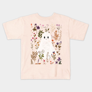 Ghost in the Garden – Cute Ghost in a Boho Autumn Floral Scene Kids T-Shirt