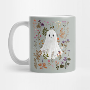 Ghost in the Garden – Cute Ghost in a Boho Autumn Floral Scene Mug