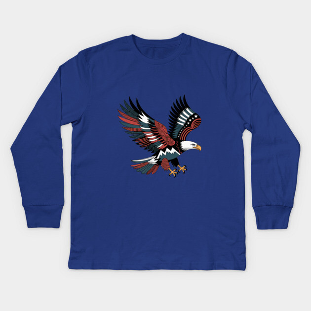 Patriotic Bald Eagle Tattoo Style USA Art Design Kids Long Sleeve T-Shirt by BirdsnStuff
