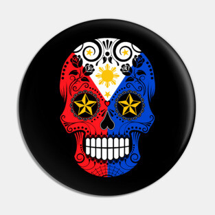 Filipino Flag Sugar Skull with Roses Pin