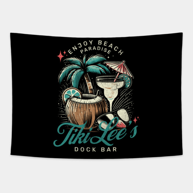 Tiki Lee’s Dock Bar - drinks and Fun in the Sun Vintage Vibes Summer Time Tapestry by Joaddo