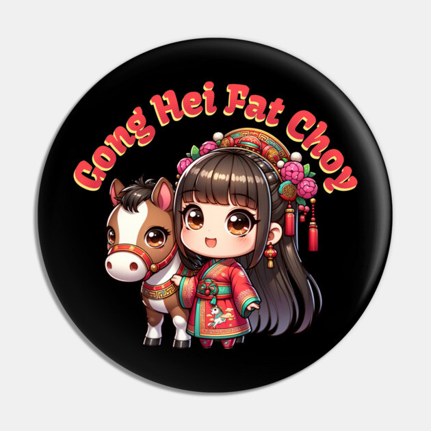 Cartoon Chinese New Year Horse and Girl Pin by HolidayBug
