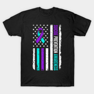 Suicide Prevention Awareness Purple Ribbon American Flag T-Shirt