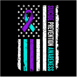 Suicide Prevention Awareness Purple Ribbon American Flag Posters and Art