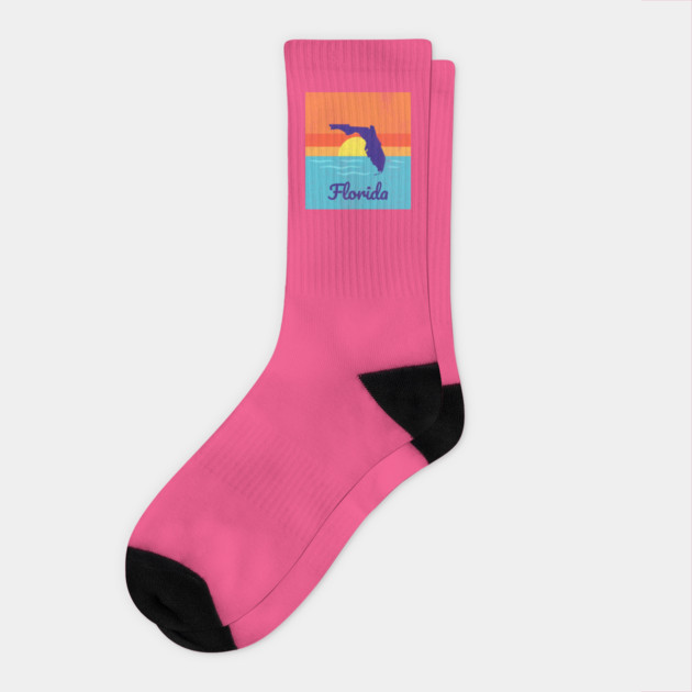 Florida Sunshine Retro Graphic – Bold State Silhouette with Ocean Sunset Socks by DonWillisJrArt