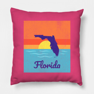 Florida Sunshine Retro Graphic – Bold State Silhouette with Ocean Sunset Pillow