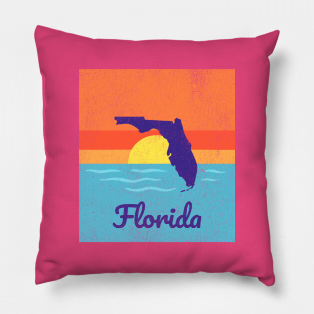 Florida Sunshine Retro Graphic – Bold State Silhouette with Ocean Sunset Pillow by DonWillisJrArt