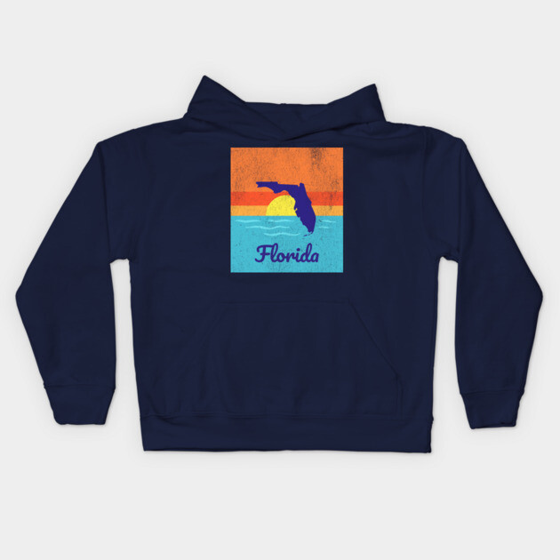 Florida Sunshine Retro Graphic – Bold State Silhouette with Ocean Sunset Kids Hoodie by DonWillisJrArt