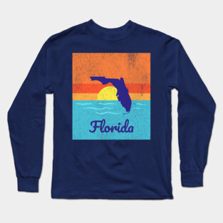 Florida Sunshine Retro Graphic – Bold State Silhouette with Ocean Sunset Long Sleeve T-Shirt
