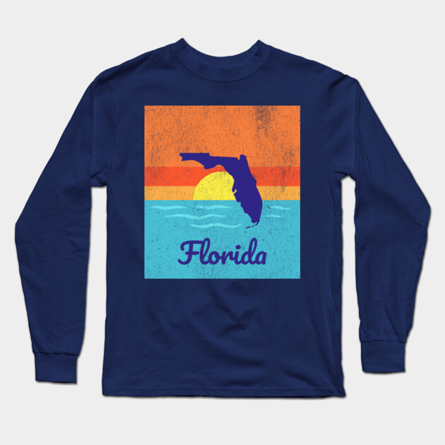 Florida Sunshine Retro Graphic – Bold State Silhouette with Ocean Sunset Long Sleeve T-Shirt by DonWillisJrArt