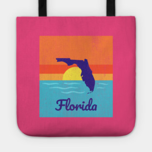 Florida Sunshine Retro Graphic – Bold State Silhouette with Ocean Sunset Tote