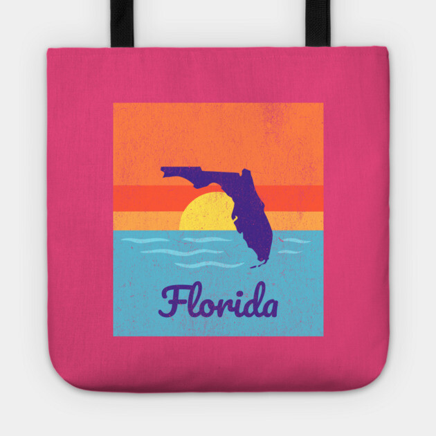 Florida Sunshine Retro Graphic – Bold State Silhouette with Ocean Sunset Tote by DonWillisJrArt