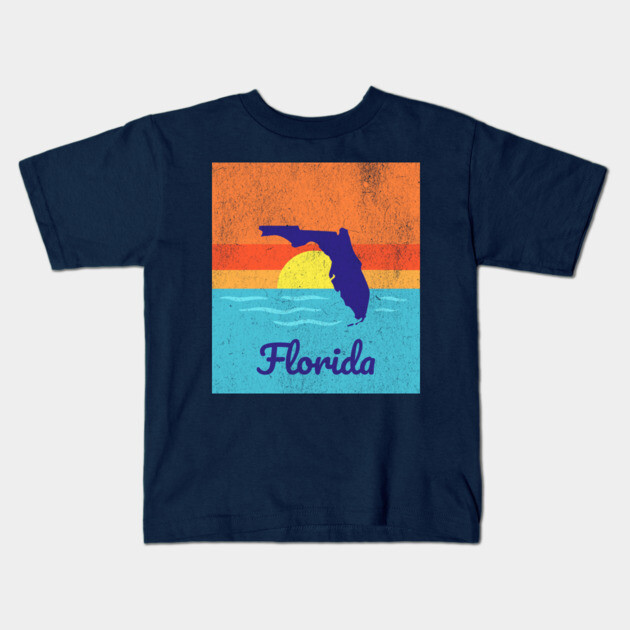 Florida Sunshine Retro Graphic – Bold State Silhouette with Ocean Sunset Kids T-Shirt by DonWillisJrArt