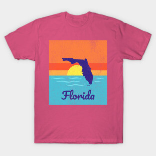 Florida Sunshine Retro Graphic – Bold State Silhouette with Ocean Sunset T-Shirt