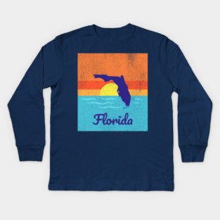 Florida Sunshine Retro Graphic – Bold State Silhouette with Ocean Sunset Kids Long Sleeve T-Shirt