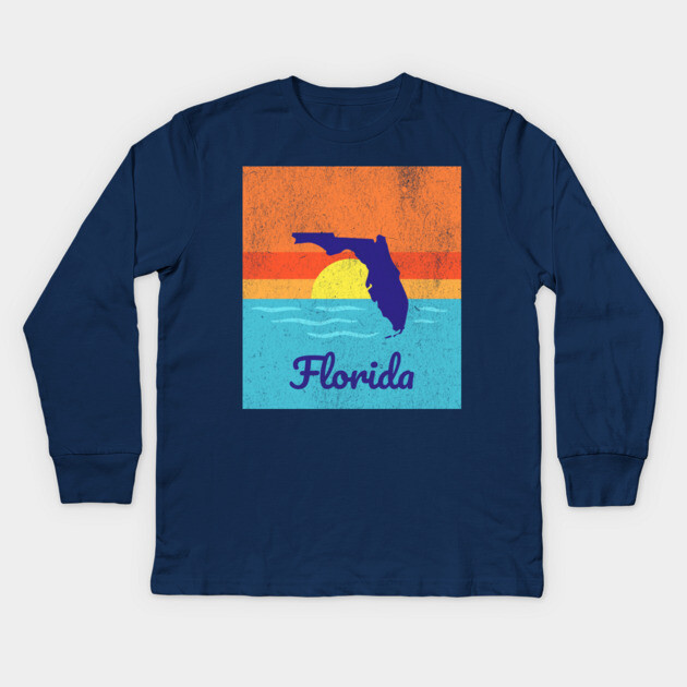 Florida Sunshine Retro Graphic – Bold State Silhouette with Ocean Sunset Kids Long Sleeve T-Shirt by DonWillisJrArt