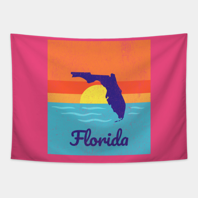 Florida Sunshine Retro Graphic – Bold State Silhouette with Ocean Sunset Tapestry by DonWillisJrArt