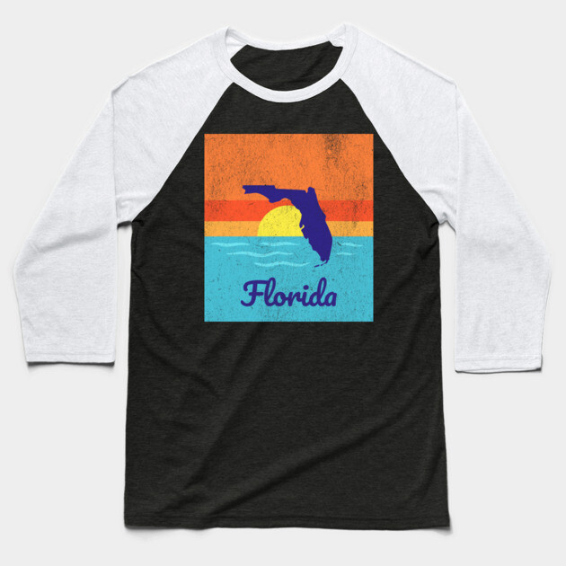 Florida Sunshine Retro Graphic – Bold State Silhouette with Ocean Sunset Baseball T-Shirt by DonWillisJrArt