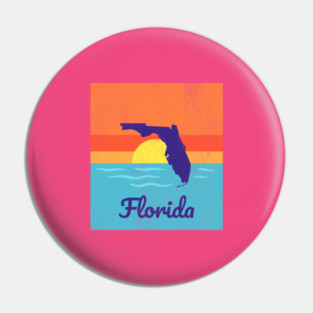 Florida Sunshine Retro Graphic – Bold State Silhouette with Ocean Sunset Pin