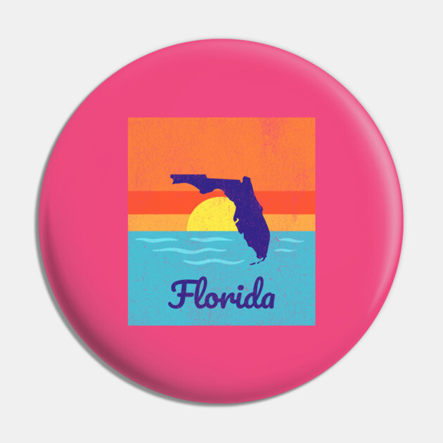 Florida Sunshine Retro Graphic – Bold State Silhouette with Ocean Sunset Pin by DonWillisJrArt