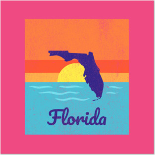 Florida Sunshine Retro Graphic – Bold State Silhouette with Ocean Sunset Posters and Art