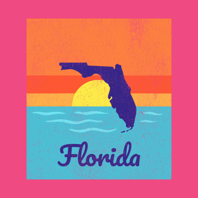 Florida Sunshine Retro Graphic – Bold State Silhouette with Ocean Sunset by DonWillisJrArt