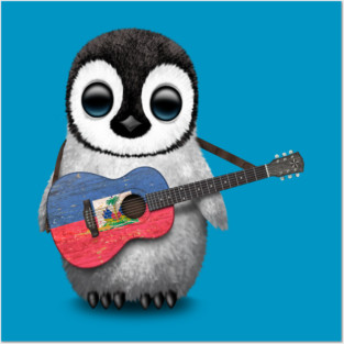 Baby Penguin Playing Haitian Flag Guitar Posters and Art