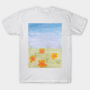 Painting of blue sky and green grass and yellow flowers T-Shirt