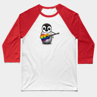 Baby Penguin Playing Gay Pride Rainbow Flag Guitar Baseball T-Shirt