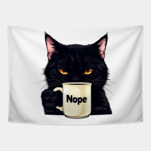 Nope Cat with Coffee Cup Grumpy Tapestry