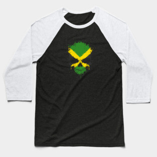 Chaotic Jamaican Flag Splatter Skull Baseball T-Shirt