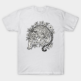 Tiger with Sakura Flowers Japanese Tattoo Style Design T-Shirt