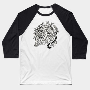 Tiger with Sakura Flowers Japanese Tattoo Style Design Baseball T-Shirt
