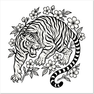 Tiger with Sakura Flowers Japanese Tattoo Style Design Posters and Art