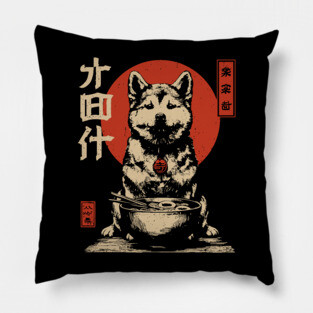 Akita Dog Enjoying Ramen in Ukiyo-e Style Pillow