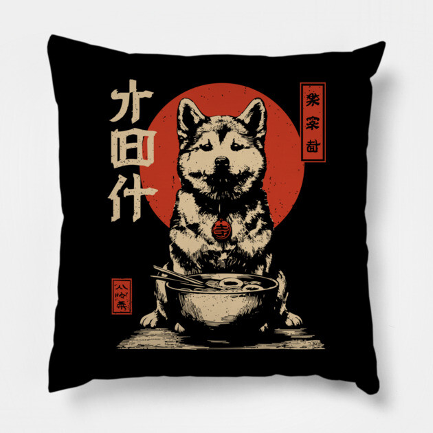 Akita Dog Enjoying Ramen in Ukiyo-e Style Pillow by TuncGK