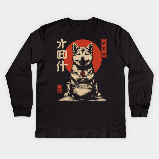 Akita Dog Enjoying Ramen in Ukiyo-e Style Kids Long Sleeve T-Shirt by TuncGK