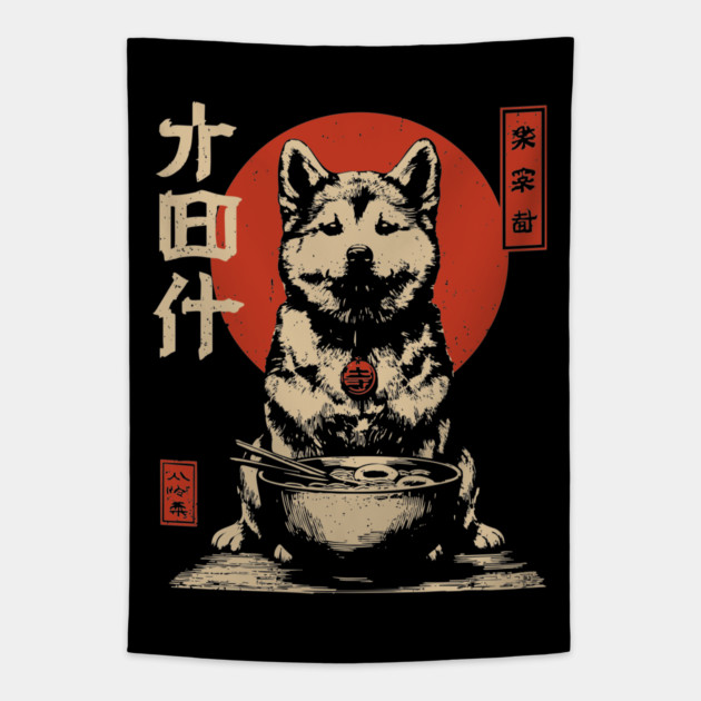 Akita Dog Enjoying Ramen in Ukiyo-e Style Tapestry by TuncGK