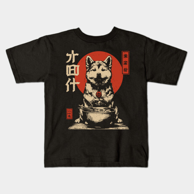 Akita Dog Enjoying Ramen in Ukiyo-e Style Kids T-Shirt by TuncGK