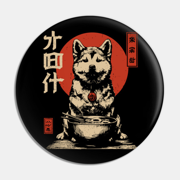 Akita Dog Enjoying Ramen in Ukiyo-e Style Pin by TuncGK