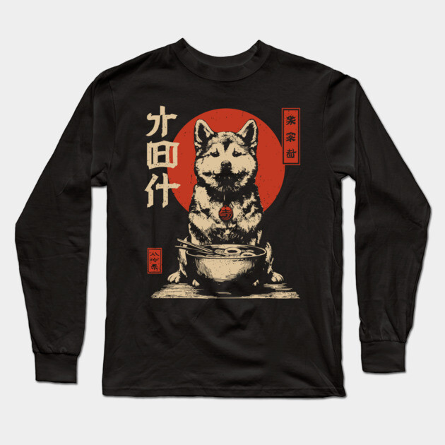 Akita Dog Enjoying Ramen in Ukiyo-e Style Long Sleeve T-Shirt by TuncGK