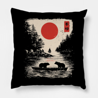 Tranquil Bears at Dusk in Japanese Style Pillow